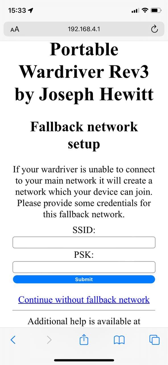 Wardriver fallback network configuration page